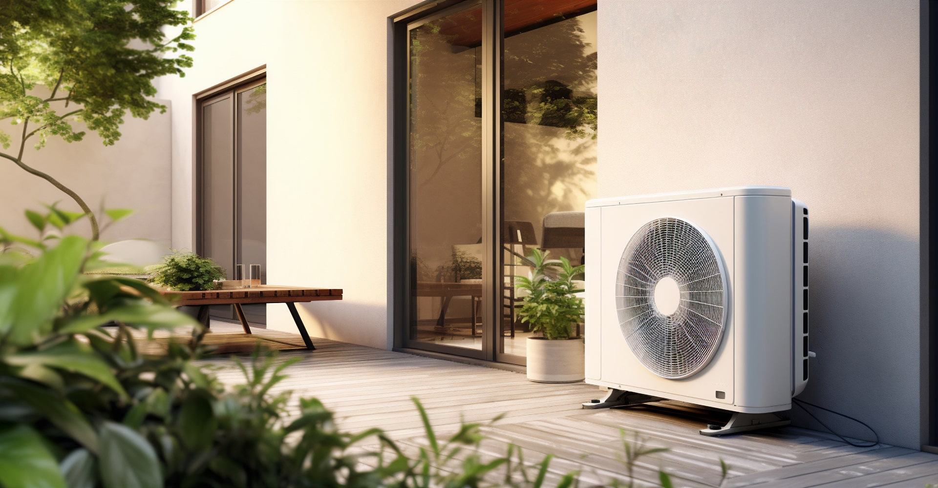 Pompe à chaleur blanche sur une terrasse en bois clair, installée près d'une baie vitrée dans un cadre végétal lumineux.